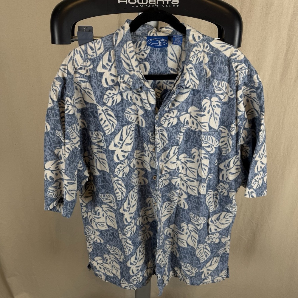 OP Men's XL‎ Short Sleeve Blue And Cream Leaf Print All Cotton Aloha Shirt VTG